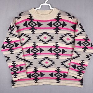 Vintage Aztec Sweater Womens XXL Grey Pink Savanna Jane Southwestern Geometric